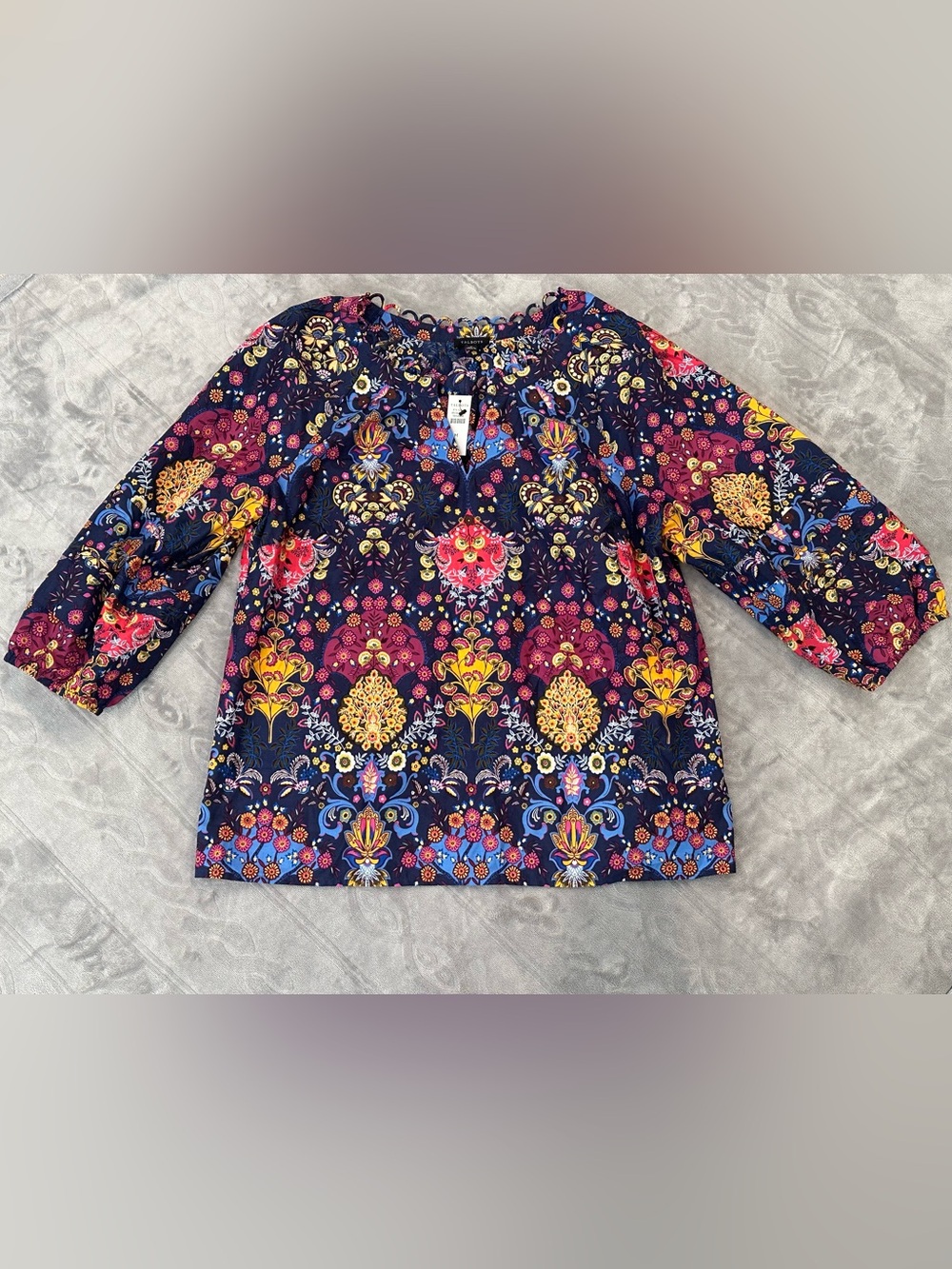 Talbots Navy Floral Mosaic Peasant Top